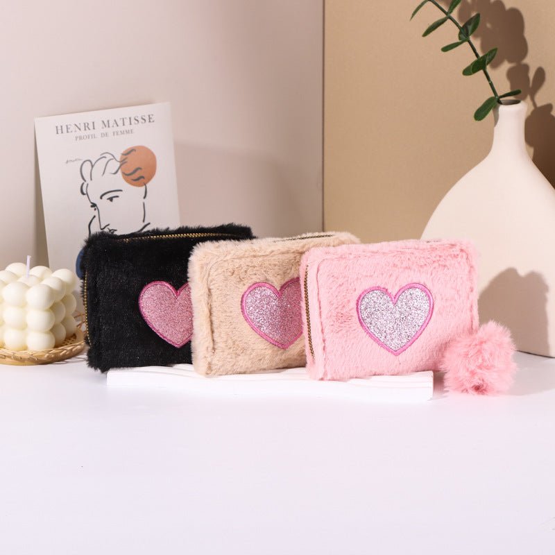 Plush Coin Purse Love Embroidered Zipper $19.00 Dana Fashion Color: Beige Women's Bags Product information: Color: pink love embroidered short zipper wallet, beige love embroidered short zipper wallet, black love embroidered short zipper wallet, blue lovi