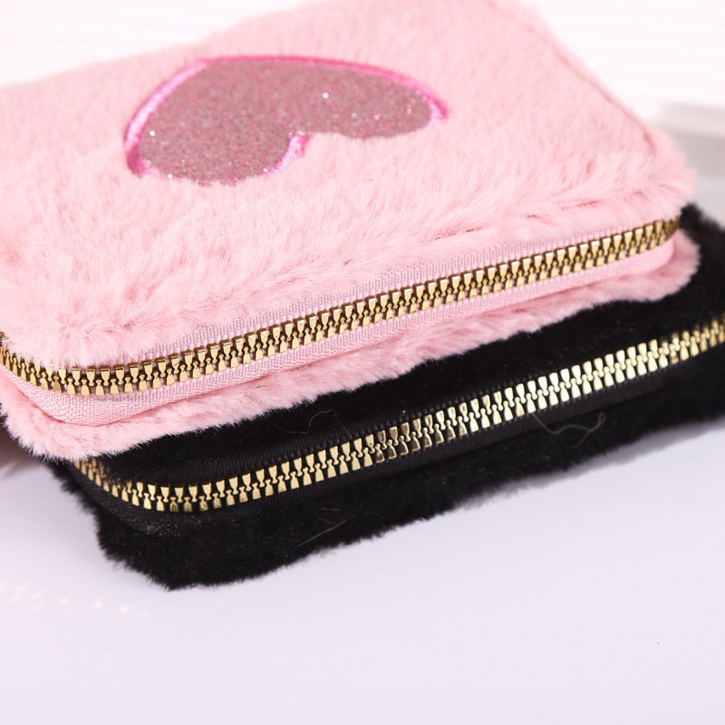 Plush Coin Purse Love Embroidered Zipper $19.00 Dana Fashion Color: Beige Women's Bags Product information: Color: pink love embroidered short zipper wallet, beige love embroidered short zipper wallet, black love embroidered short zipper wallet, blue lovi