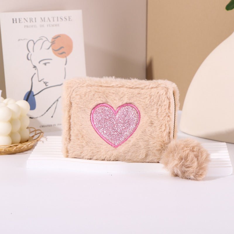 Plush Coin Purse Love Embroidered Zipper $19.00 Dana Fashion Color: Beige Women's Bags Product information: Color: pink love embroidered short zipper wallet, beige love embroidered short zipper wallet, black love embroidered short zipper wallet, blue lovi