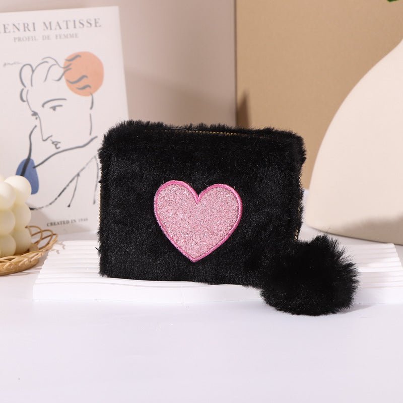 Plush Coin Purse Love Embroidered Zipper $19.00 Dana Fashion Color: Black Women's Bags Product information: Color: pink love embroidered short zipper wallet, beige love embroidered short zipper wallet, black love embroidered short zipper wallet, blue lovi