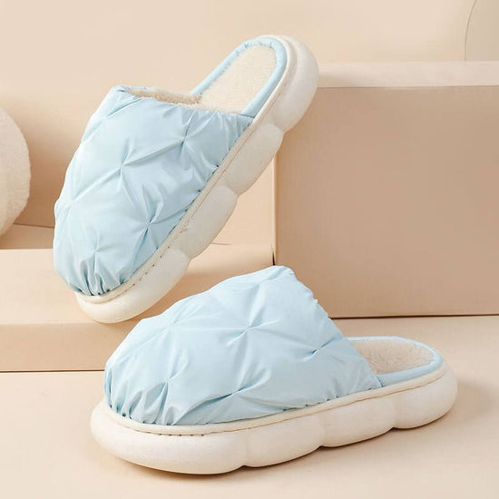 Plush Cotton Indoor Leisure Thick Bottom Waterproof Slippers $48.50 Dana Fashion Color: Sky Blue Size: 36to37 Women's shoes Product information: Color: sky blue, green, navy blue, dark gray Heel height: about 3cm Heel shape: no heel Size: 36-37,38-39,40-4