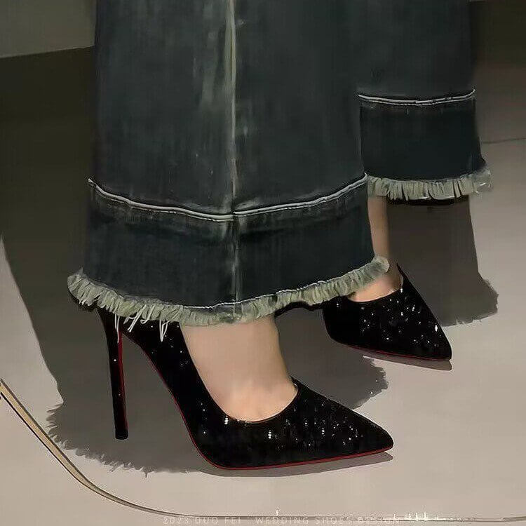 Pointed Sequined Black Thin Heel Women's Shoes $34.50 Dana Fashion Color: Sequin Black 10cm Size: 33 Women's shoes Product information: Pattern: solid color Color: sequin black 10cm, sequin black 8cm, sequin black 5cm Heel shape: stiletto heels Size: 33,