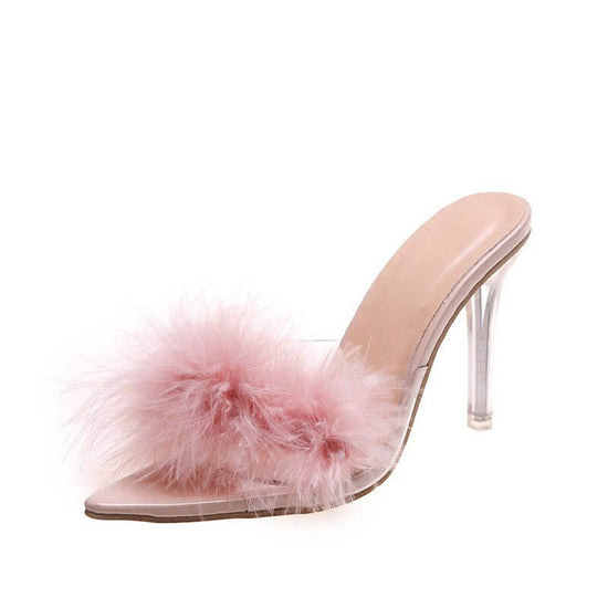 Pointed Toe High Heel Sandals Plus Size Open Toe Furry Stiletto Heel $39.50 Dana Fashion Color: Pink Size: 36 Women's shoes Product information: Lining material: PU Color: Pink Upper material: PU Size: 36.37, 38.39, 40.41, 42.43 Shoe Material: rubber Size