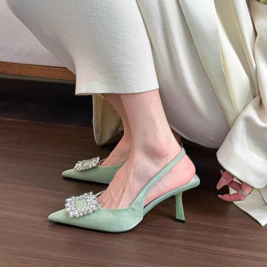 Pointed-toe Square Buckle Rhinestone High-heeled Sandals $59.79 Dana Fashion Color: Apricot Size: 35 Women's shoes Product information: Toe bracket shape: Tip Color: apricot, light green, black Shoe Upper material: Satin Size: 35, 36, 37, 38, 39 Sole mate