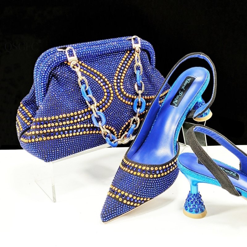 Pointed Toe Women's Shoes And Bags Suit Low-cut $169.90 Dana Fashion Color: Blue Size: 38 Women's shoes Product information: Toe bracket shape: Tip Color: pink, dark brown, Violet, gold, green, blue, sky blue, wine red Shoe Upper material: synthetic leath