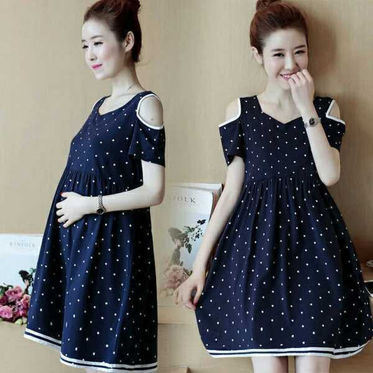 Polka Dot Loose Short Sleeve Off-The-Shoulder Mid-Length Maternity Dress $23.07 Dana Fashion Color: Blue Size: 2XL Baby & Mother Product information: Product Category: Dress Collar type: Round neck sleeve length: Short sleeve shirt length: Medium Pattern: