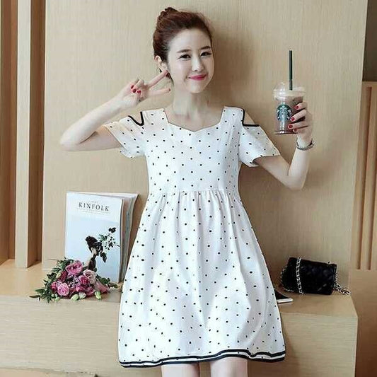 Polka Dot Loose Short Sleeve Off-The-Shoulder Mid-Length Maternity Dress $23.07 Dana Fashion Color: Blue Size: 2XL Baby & Mother Product information: Product Category: Dress Collar type: Round neck sleeve length: Short sleeve shirt length: Medium Pattern: