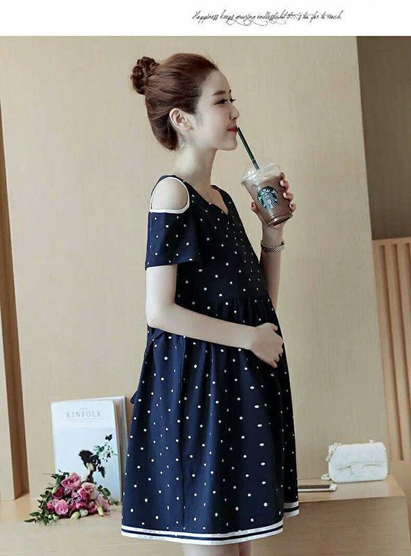 Polka Dot Loose Short Sleeve Off-The-Shoulder Mid-Length Maternity Dress $23.07 Dana Fashion Color: Blue Size: 2XL Baby & Mother Product information: Product Category: Dress Collar type: Round neck sleeve length: Short sleeve shirt length: Medium Pattern: