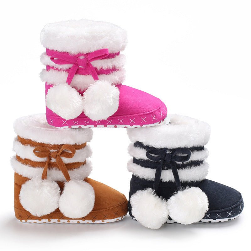 Pom Pom Winter Booties $19.97 Dana Fashion Color: Dark blue size: 11CM Baby & Mother Are you looking for the cutest winter booties for your tot? The Pom Pom Winter Booties are perfect! Featuring a wide toe box for a comfy fit, flexible suede uppers for mo
