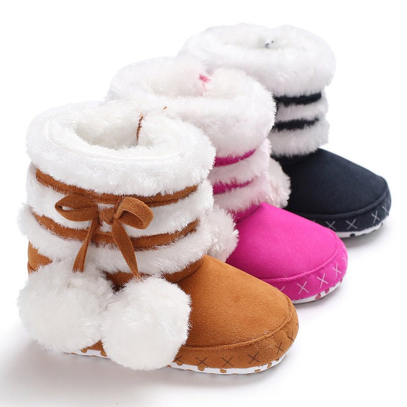 Pom Pom Winter Booties $19.97 Dana Fashion Color: Dark blue size: 11CM Baby & Mother Are you looking for the cutest winter booties for your tot? The Pom Pom Winter Booties are perfect! Featuring a wide toe box for a comfy fit, flexible suede uppers for mo