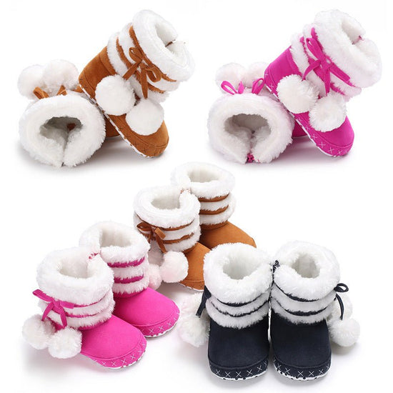Pom Pom Winter Booties $19.97 Dana Fashion Color: Dark blue size: 11CM Baby & Mother Are you looking for the cutest winter booties for your tot? The Pom Pom Winter Booties are perfect! Featuring a wide toe box for a comfy fit, flexible suede uppers for mo