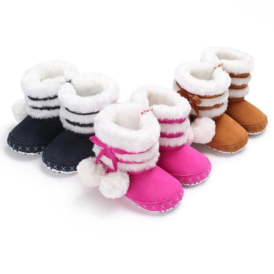 Pom Pom Winter Booties $19.97 Dana Fashion Color: Dark blue size: 11CM Baby & Mother Are you looking for the cutest winter booties for your tot? The Pom Pom Winter Booties are perfect! Featuring a wide toe box for a comfy fit, flexible suede uppers for mo