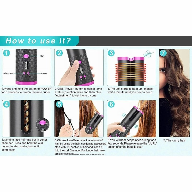 Portable Automatic Hair Curler, Ceramic Rotating Wireless Auto Curling Iron Wand, Portable USB Rechargeable Spin Curler For Hair Styling $90.54 Dana Fashion Color: Pink Beauty Tools This product description outlines the features of a portable, cordless au