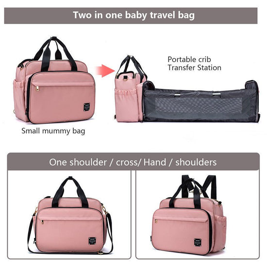 Portable Folding Baby Bed Mummy Bag Portable Messenger Bag $103.25 Dana Fashion Color: Pink Baby & Mother Product material: Material: Oxford cloth Details: Mommy bag style: Handbag Mommy bag classification: Suit Maximum load: 15kg Strap function: Multifun