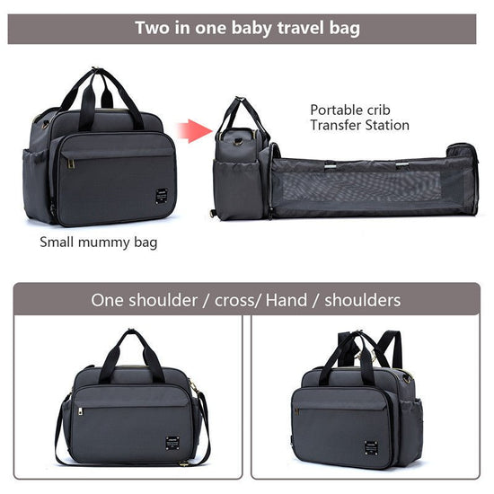 Portable Folding Baby Bed Mummy Bag Portable Messenger Bag $103.25 Dana Fashion Color: Grey Baby & Mother Product material: Material: Oxford cloth Details: Mommy bag style: Handbag Mommy bag classification: Suit Maximum load: 15kg Strap function: Multifun