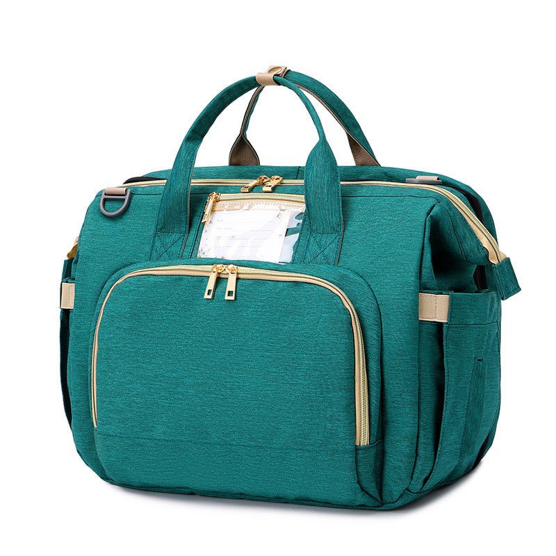 Portable folding crib mummy bag $137.66 Dana Fashion Color: Green Baby & Mother Name: Baby crib portable bag Color classification: green/gray/black Body capacity: 25L Fabric: Oxford cloth Mattress size: length 80cm width 38cm Body size: length 40 cm width