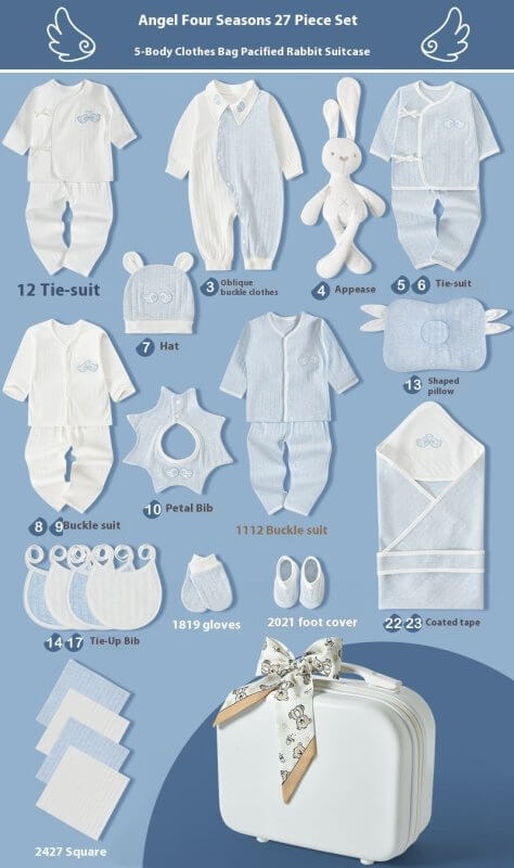 Premium Newborn Gift Box Baby Clothes Set $215.88 Dana Fashion style: Four Seasons Blue 27pcs Baby Clothing Product information: Fabric：Pure cotton (100%) Combination form： Clothing + Supplies Material composition： 100% cotton Style： Princess Applicable a