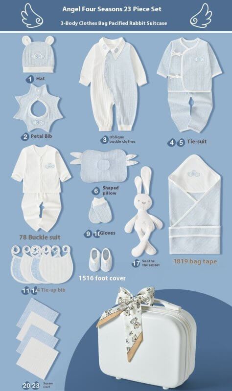 Premium Newborn Gift Box Baby Clothes Set $197.11 Dana Fashion style: Four Seasons Blue 23pcs Baby Clothing Product information: Fabric：Pure cotton (100%) Combination form： Clothing + Supplies Material composition： 100% cotton Style： Princess Applicable a