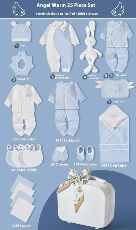 Premium Newborn Gift Box Baby Clothes Set $218.20 Dana Fashion style: Warm Blue 25 pcs Baby Clothing Product information: Fabric：Pure cotton (100%) Combination form： Clothing + Supplies Material composition： 100% cotton Style： Princess Applicable age：6 mo