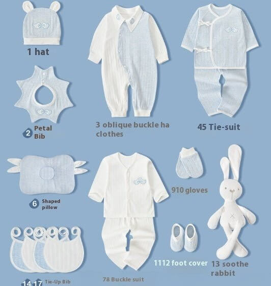 Premium Newborn Gift Box Baby Clothes Set $186.85 Dana Fashion style: Four Seasons Blue 21pcs Baby Clothing Product information: Fabric：Pure cotton (100%) Combination form： Clothing + Supplies Material composition： 100% cotton Style： Princess Applicable a
