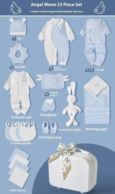 Premium Newborn Gift Box Baby Clothes Set $205.48 Dana Fashion style: Warm Blue 23 pcs Baby Clothing Product information: Fabric：Pure cotton (100%) Combination form： Clothing + Supplies Material composition： 100% cotton Style： Princess Applicable age：6 mo