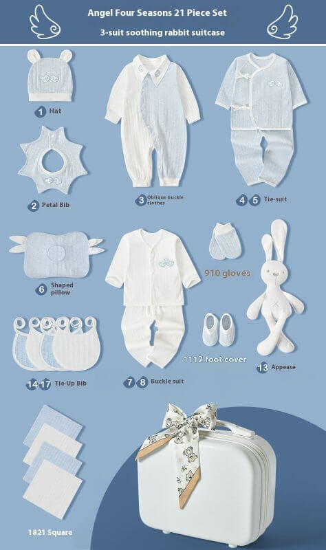Premium Newborn Gift Box Baby Clothes Set $186.85 Dana Fashion style: Four Seasons Blue 21pcs Baby Clothing Product information: Fabric：Pure cotton (100%) Combination form： Clothing + Supplies Material composition： 100% cotton Style： Princess Applicable a