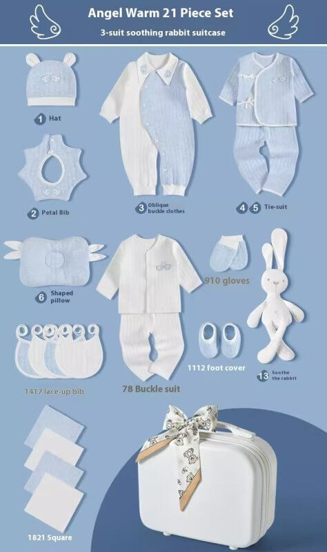 Premium Newborn Gift Box Baby Clothes Set $194.41 Dana Fashion style: Warm Blue 21 pcs Baby Clothing Product information: Fabric：Pure cotton (100%) Combination form： Clothing + Supplies Material composition： 100% cotton Style： Princess Applicable age：6 mo