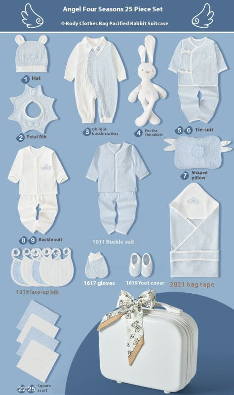Premium Newborn Gift Box Baby Clothes Set $205.93 Dana Fashion style: Four Seasons Blue 25pcs Baby Clothing Product information: Fabric：Pure cotton (100%) Combination form： Clothing + Supplies Material composition： 100% cotton Style： Princess Applicable a