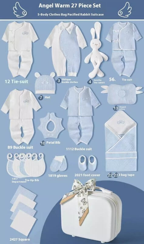Premium Newborn Gift Box Baby Clothes Set $230.89 Dana Fashion style: Warm Blue 27 pcs Baby Clothing Product information: Fabric：Pure cotton (100%) Combination form： Clothing + Supplies Material composition： 100% cotton Style： Princess Applicable age：6 mo