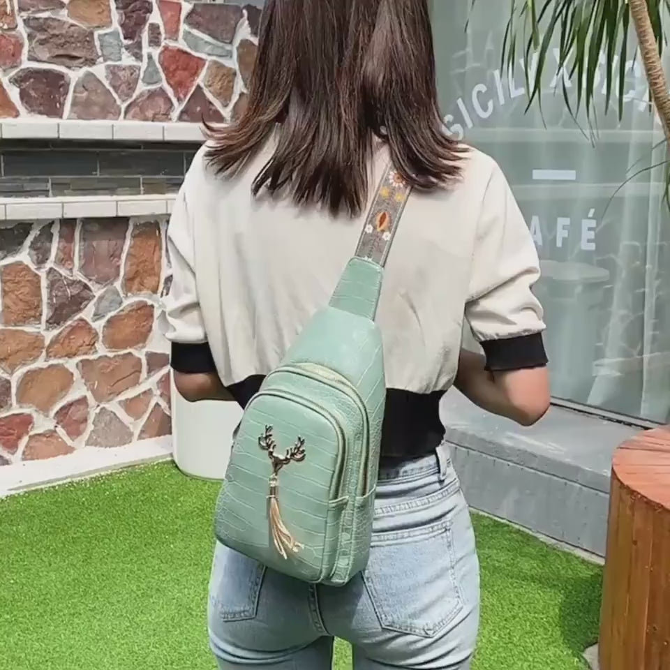 Deer Tassel Design Crossbody Bag Fashion Letter Embroidery Chest Bags For Women $36.48 Dana Fashion Color: Black Stone Pattern Women's Bags Product information: Color: black stone pattern, green stone pattern, white stone pattern, yellow Style: Urban mini