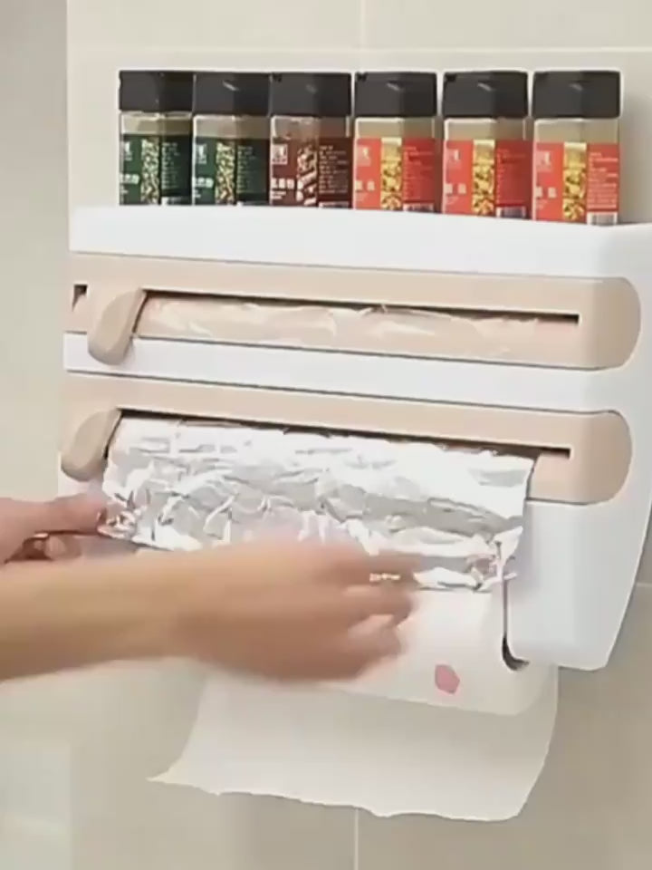 4-In-1 Kitchen Roll Holder Dispenser Kitchen Foil Film Wrap Tissue Paper 4 IN 1 Kitchen Roll Holder Dispenser $59.50 Dana Fashion Color: Brown Dana's Kitchen Overview: - Simple wall installation, screws and basic wall plugs included. - Dimensions: L 10 x