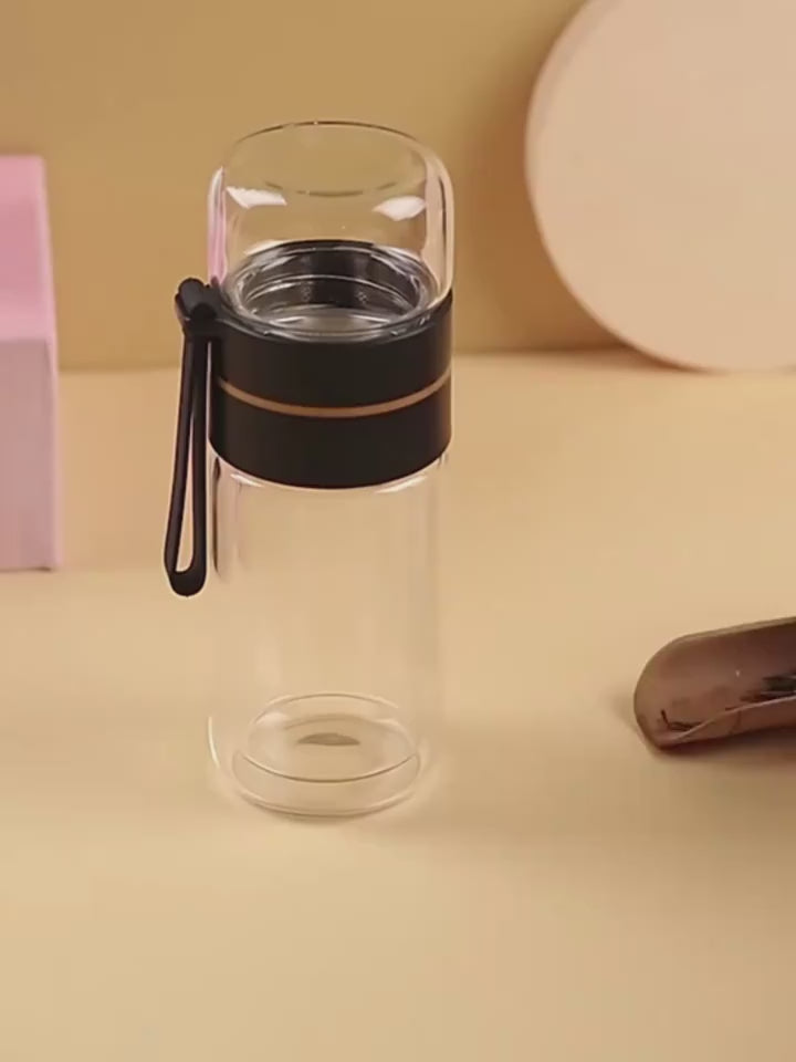 Glass Water Bottle With Tea Infuser Filter Tea Separation Double Wall Glass Bottle Leakproof Water Bottle $32.35 Dana Fashion Color: Black Capacity size: 400ml Dana's Kitchen Overview: 1. Tea water separation design, you can use the tea warehouse to make