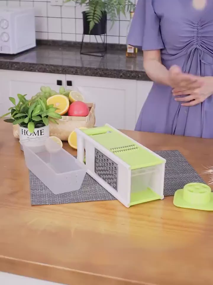 Multifunctional Kitchen Utensils Cutting Tool $33.73 Dana Fashion Color: Green Style: A drain Dana's Kitchen Overview: 100% new design and high quality Four-sided blade free installation Switch modes at will Added drain storage box Enlarged hand guard can