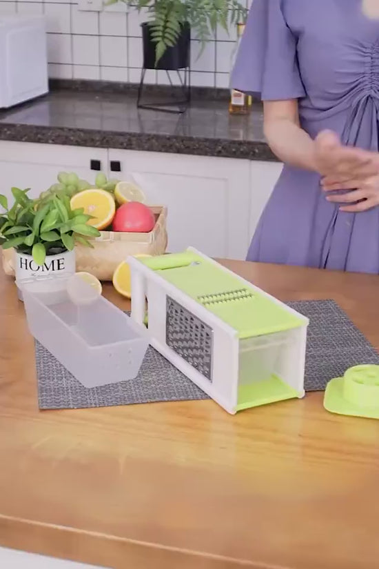 Multifunctional Kitchen Utensils Cutting Tool $33.73 Dana Fashion Color: Green Style: A drain Dana's Kitchen Overview: 100% new design and high quality Four-sided blade free installation Switch modes at will Added drain storage box Enlarged hand guard can