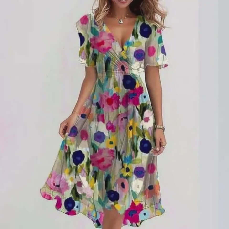 Chiffon Printed Short Sleeve Dress Summer Elegant V-neck Dresses Womens Clothing $50.34 Dana Fashion Color: Aqua blue Size: L Women's clothing Overview: Unique design, stylish and beautiful. Good material, comfortable wear. A variety of colors, any choice