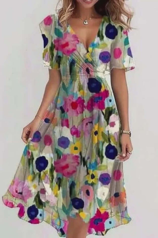 Chiffon Printed Short Sleeve Dress Summer Elegant V-neck Dresses Womens Clothing $50.34 Dana Fashion Color: Aqua blue Size: L Women's clothing Overview: Unique design, stylish and beautiful. Good material, comfortable wear. A variety of colors, any choice