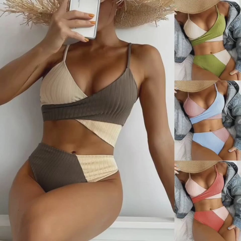 Bikini Patchwork Swimwear Ribbed Women's Swimsuit Knot Back Beachwear Ruched Butt Biquinis Bathing Suits $31.93 Dana Fashion Color: Black Size: L Women's clothing Overview: High elasticity, soft and comfortable Scoop neckline, spaghetti straps High waist-