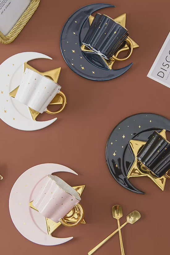 Creative Ceramic Cup With Star And Moon Saucer $47.32 Dana Fashion Color: Black Dana's Kitchen Product information: Material: Porcelain Color: four-color mixed pattern: plain Capacity: 120ML Packing list: 4*cup+4*dish+4*spoon*1set