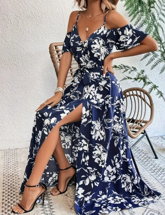 Printed Cold Shoulder Strap Dress $31.50 Dana Fashion Color: Navy Blue Size: 2XL Women's clothing Product information: Material: polyester Color: Navy Blue, Dark Cyan Size Information: Dimensions: S,M,L,XL，2XL,3XL Packing list: Dress *1