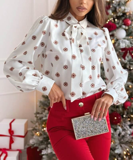 Printed Long Sleeve Bowknot Lining For Women $44.50 Dana Fashion Color: Small White Flowers Size: L Women's clothing Product information: Color: white red flowers, white small flowers Sleeve type: regular sleeve Main fabric composition: Polyester (polyest