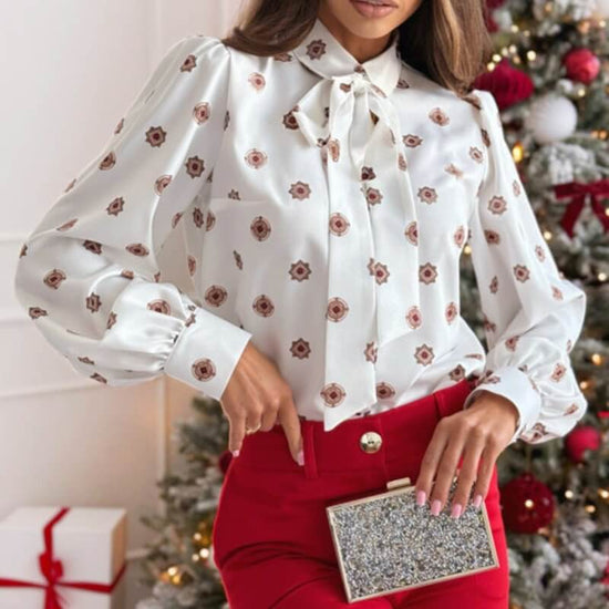 Printed Long Sleeve Bowknot Lining For Women $44.50 Dana Fashion Color: Small White Flowers Size: L Women's clothing Product information: Color: white red flowers, white small flowers Sleeve type: regular sleeve Main fabric composition: Polyester (polyest