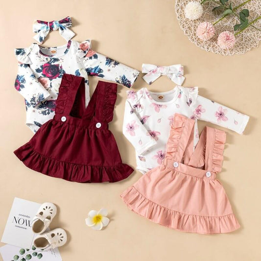 Printed Long-sleeved Baby Girl Romper Two-color Strap Ruffled Dress Headdress Three Pieces $25.90 Dana Fashion Color: Pink Suit Height: 100cm Baby Clothing Product information: Pattern: solid color, flowers Color: pink, wine red Suitable height: 80cm,90cm