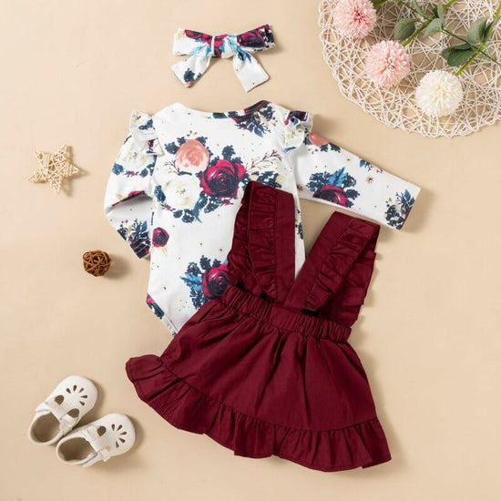 Printed Long-sleeved Baby Girl Romper Two-color Strap Ruffled Dress Headdress Three Pieces $25.90 Dana Fashion Color: Pink Suit Height: 100cm Baby Clothing Product information: Pattern: solid color, flowers Color: pink, wine red Suitable height: 80cm,90cm