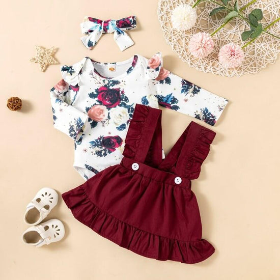 Printed Long-sleeved Baby Girl Romper Two-color Strap Ruffled Dress Headdress Three Pieces $25.90 Dana Fashion Color: Pink Suit Height: 100cm Baby Clothing Product information: Pattern: solid color, flowers Color: pink, wine red Suitable height: 80cm,90cm