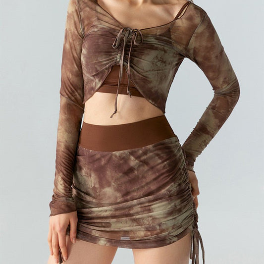 Printed Tie-dyed Mesh Yoga Skirts Women $39.50 Dana Fashion Size: L Color: Black Women's clothing Product information: Color: olive green, Twilight rose, maroon, black Fabric: polyester ammonia fine mesh (printing)/unilateral spandex Size: S,M,L,XL Type:
