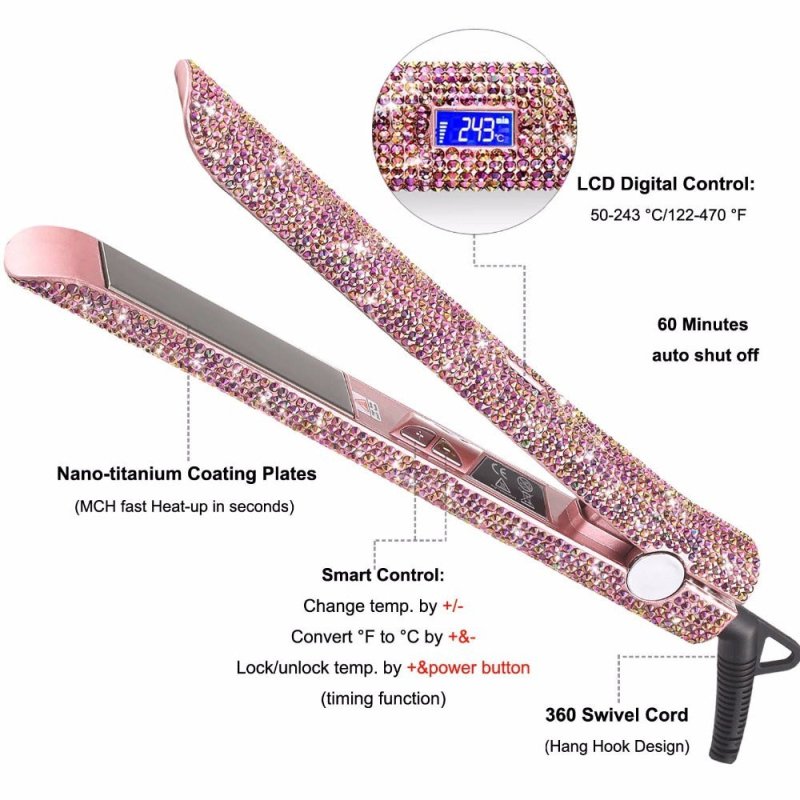 Professional Glitter Hair Flat Iron Titanium Plate Diamond Hair Straightener Crystal Hair Styling Hot Tools $55.99 Dana Fashion Plug: EU Beauty Tools Description: Product Category: Hair Straightener & Curler Color: as shown Power plug: EU, US, UK (optiona