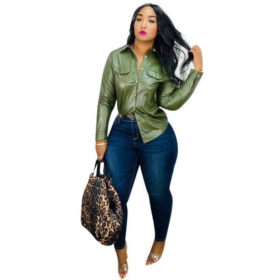 Pu Long Sleeve Shirt Top Female $45.99 Dana Fashion Color: Black Size: L Women's clothing Product information: Color: black, green Clothing placket: single-breasted Size: S,M,L,XL,XXL Version: slim fit With a belt or not: no belt Style type: Street hipste