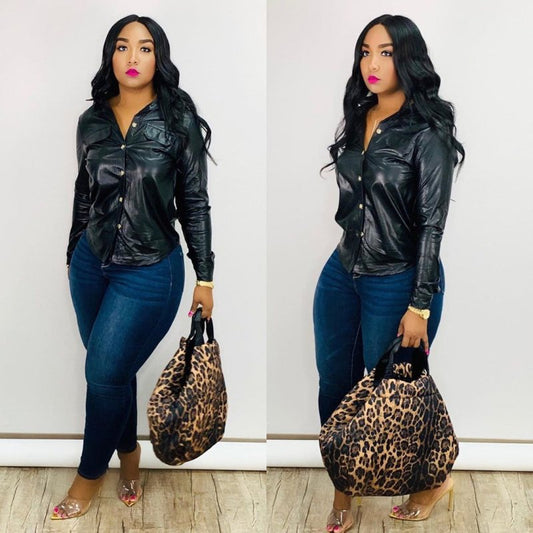 Pu Long Sleeve Shirt Top Female $45.99 Dana Fashion Color: Black Size: L Women's clothing Product information: Color: black, green Clothing placket: single-breasted Size: S,M,L,XL,XXL Version: slim fit With a belt or not: no belt Style type: Street hipste
