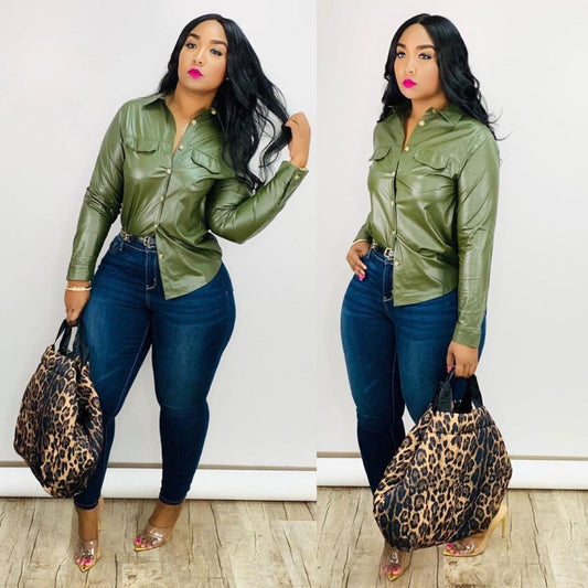 Pu Long Sleeve Shirt Top Female $45.99 Dana Fashion Color: Black Size: L Women's clothing Product information: Color: black, green Clothing placket: single-breasted Size: S,M,L,XL,XXL Version: slim fit With a belt or not: no belt Style type: Street hipste