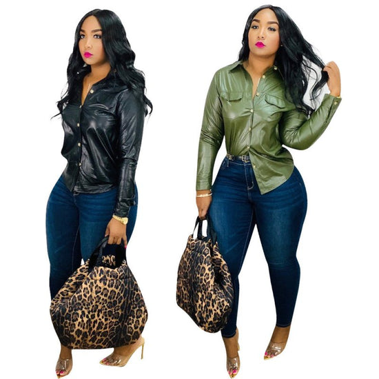 Pu Long Sleeve Shirt Top Female $45.99 Dana Fashion Color: Black Size: L Women's clothing Product information: Color: black, green Clothing placket: single-breasted Size: S,M,L,XL,XXL Version: slim fit With a belt or not: no belt Style type: Street hipste